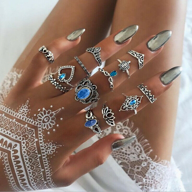 13 Pcs/Set Women Fashion  Punk Elephant Turtle Heart Flower Crown Gem Cry.l8