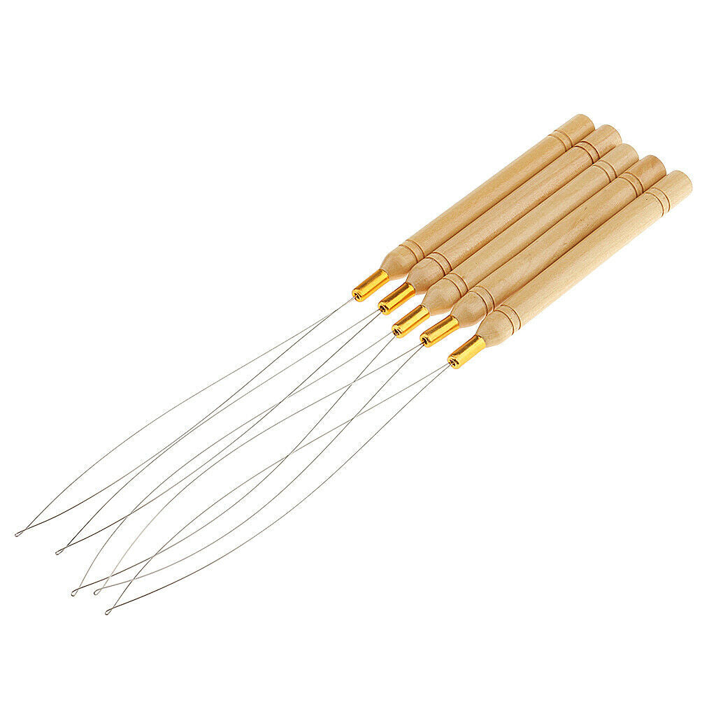 5Pcs Micro Rings Wooden Handle Loop Needle Hair Extension DIY Hook Tool