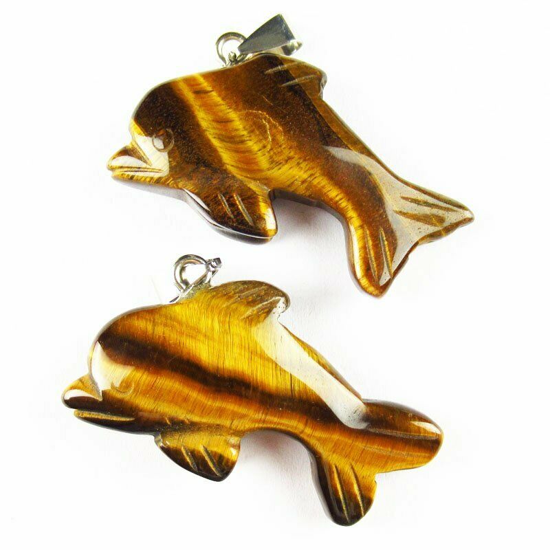 2pcs Carved Natural Yellow Tiger Eye Gem Dolphin Pendant 45x26x10mm A-450DP
