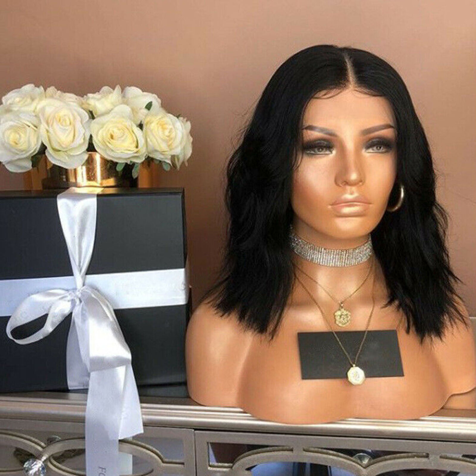 Women's Shoulder Length Curly Wavy Wigs Ladies Synthetic Hair Black Wig