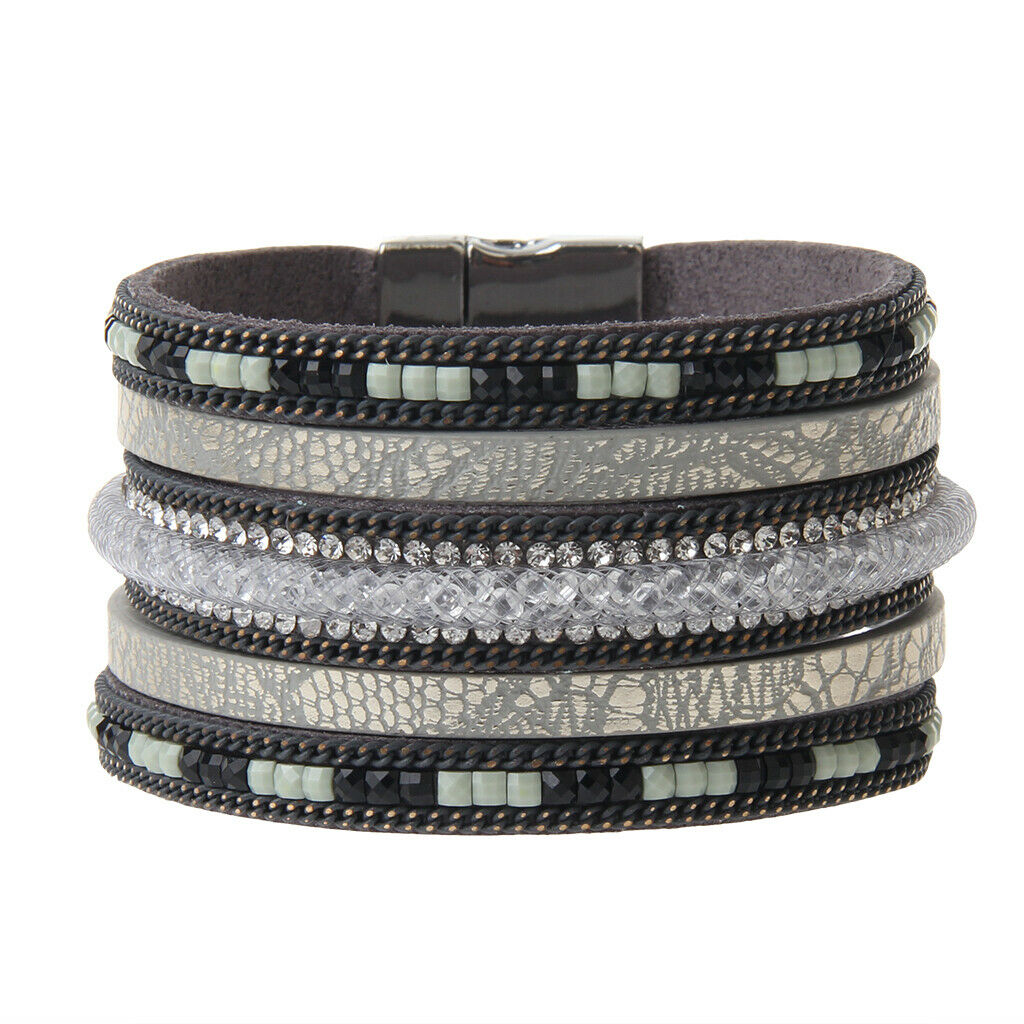 Punk Rock Wide Leather Men's Cuff Bangle Bracelet Crystal Net Band Grey