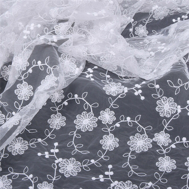 1yd White Flower Embroidered Lace Fabric DIY Dress Skirt Making Accessories