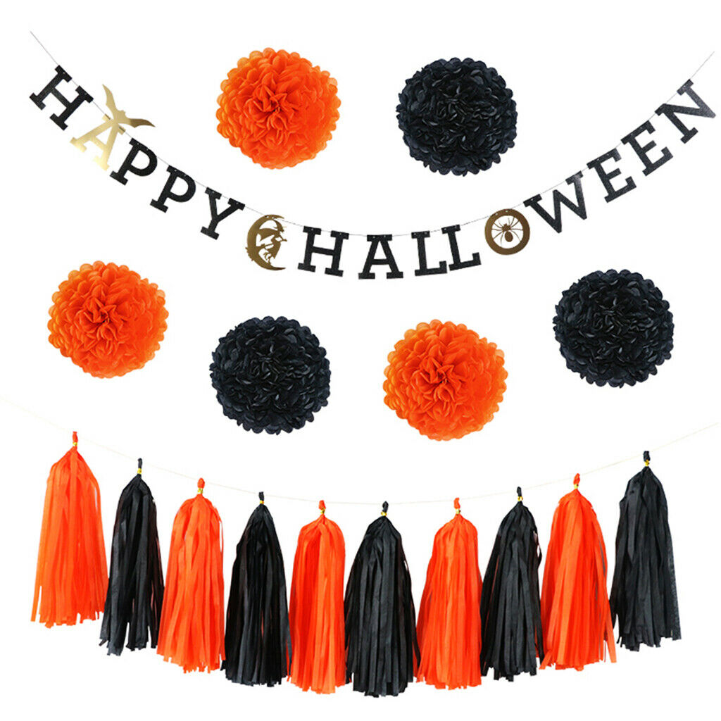 17pcs Halloween paper decorations banner garland fan shape balls tassels