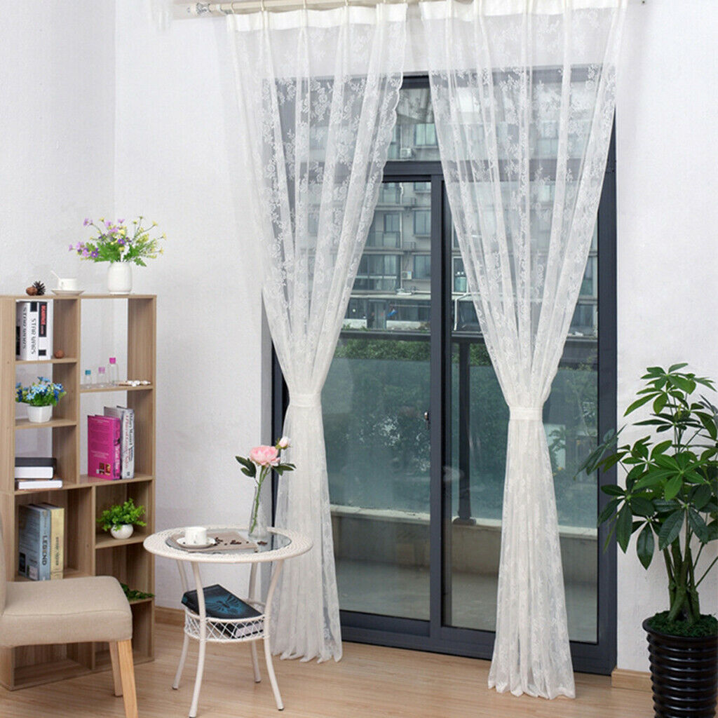 2 Panel White Lace Embroidered Door Balcony  Window Screen Curtain 150x100cm