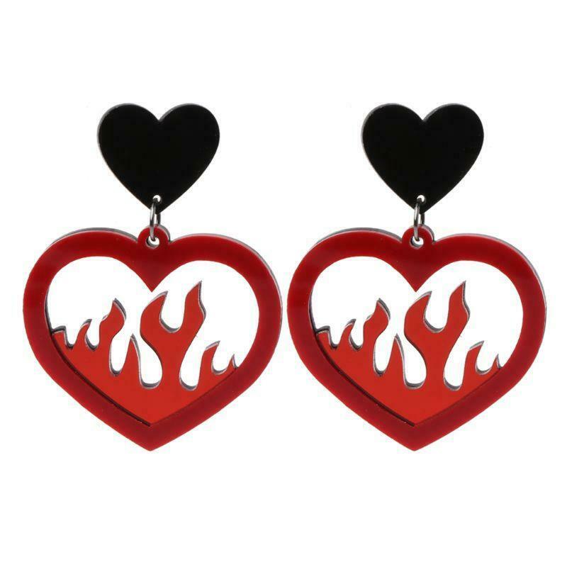 Acrylic Red Heart Fire Dangle Earrings Pendant Statement Women Fashion Jewelry