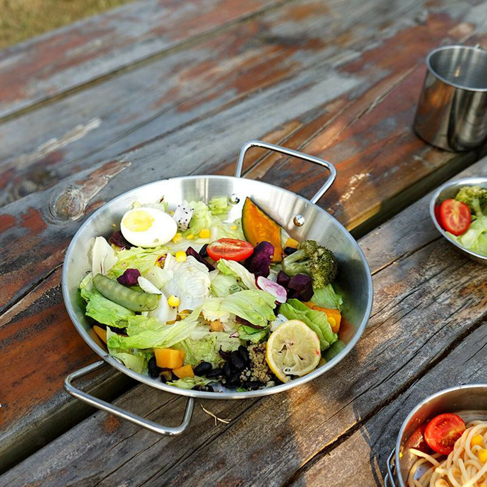 9 "Stainless Steel Grill Topper BBQ Grill Wok with Handles Outdoor Roast Tray