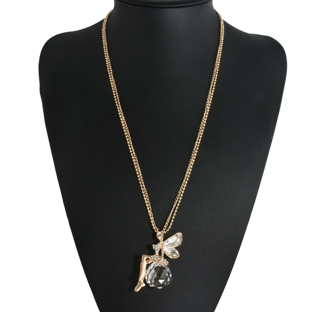 Romantic Women Crystal Fairy Angel Wing Pendant Long Chain Sweater Necklace Gift