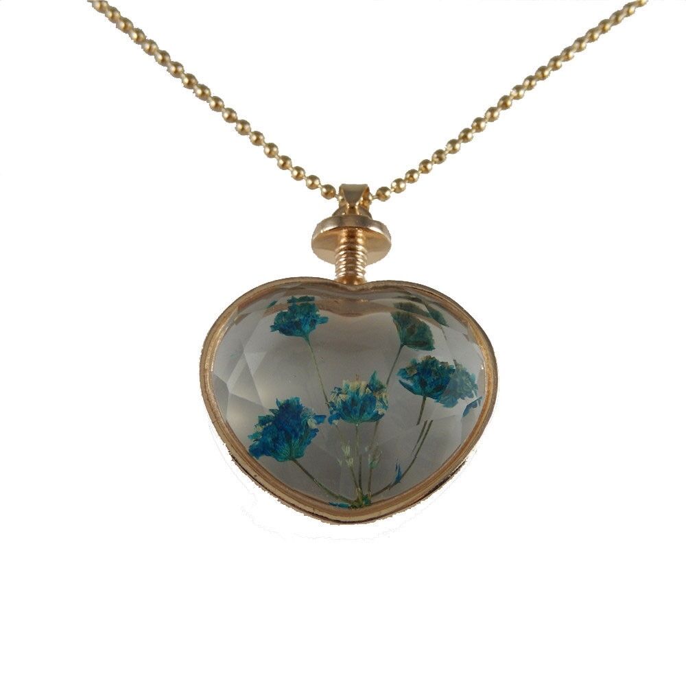 1-pack Clear Glass Heart Floating Dried Flowers Necklace Pendant Jewelry 24 inch