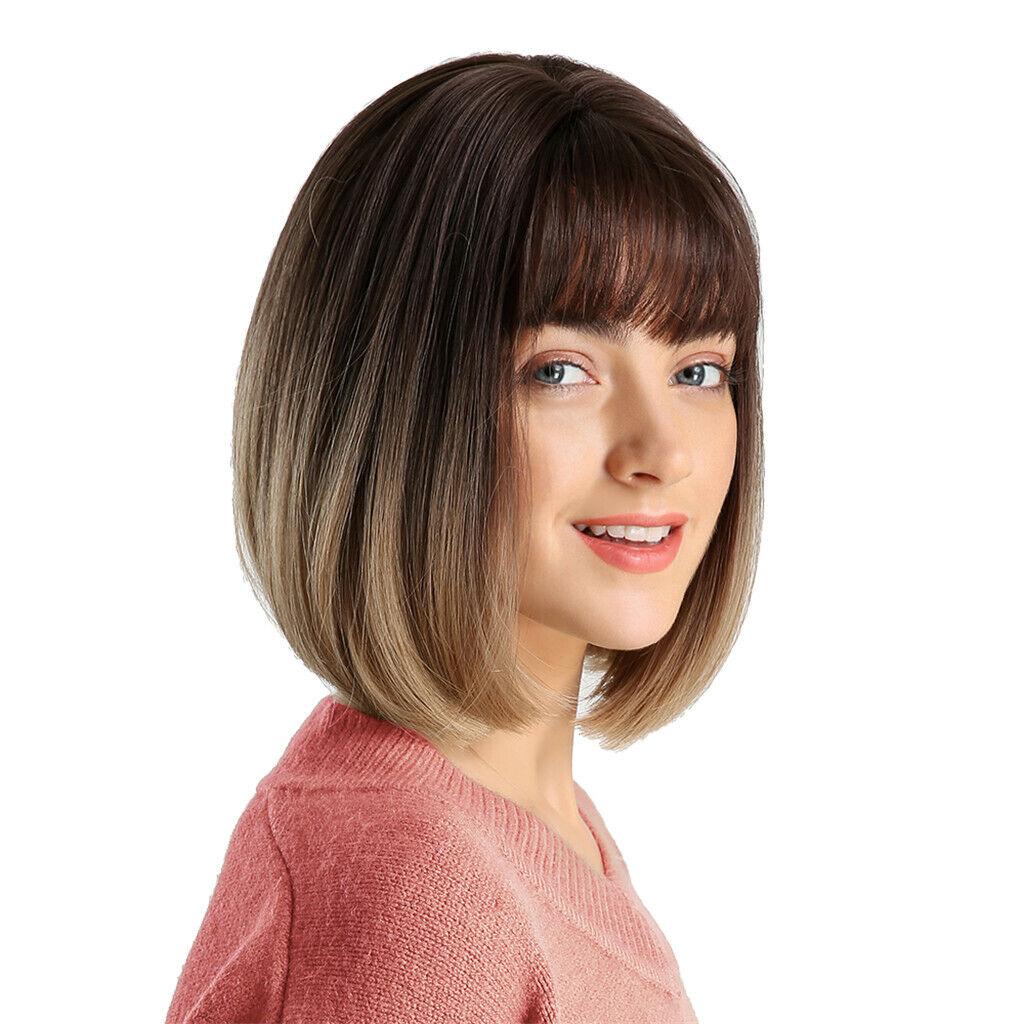 11inch Short Bob Synthetic Wig with Flat Bangs Heat Resistant Black to Brown