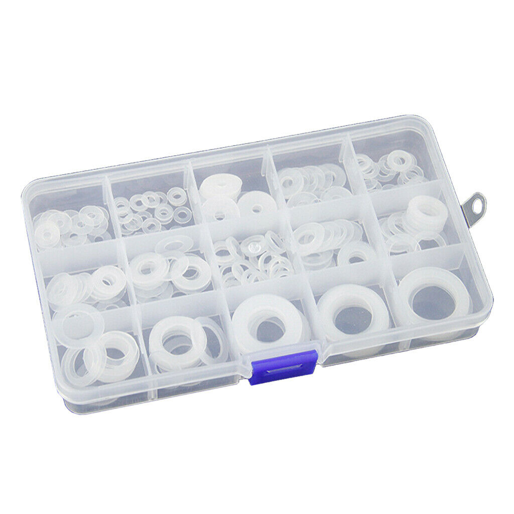 250Pcs White Nylon Washer Flat Washer Gasket Ring Seals Kit w/ Storage Box