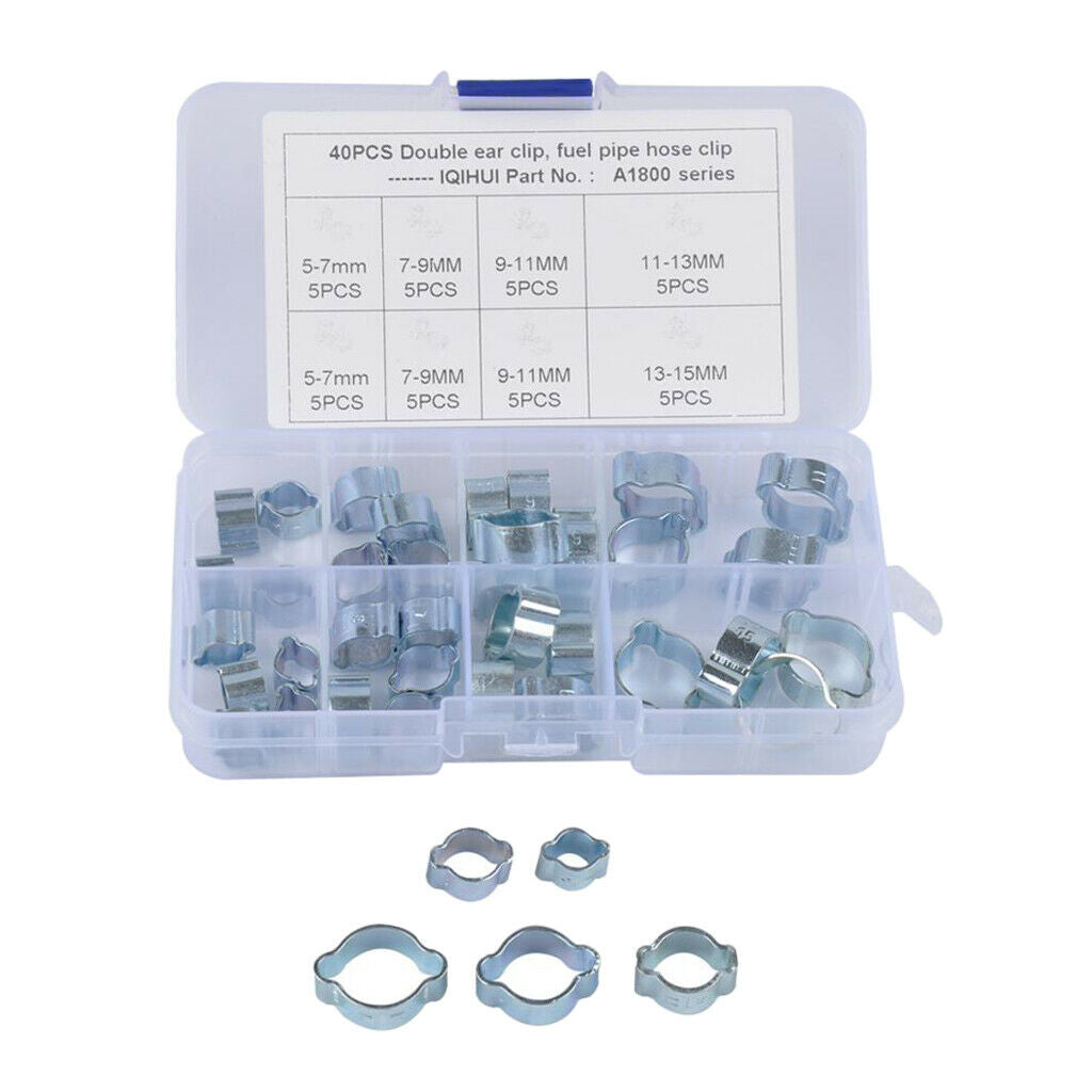 40pcs Double Ear Clamps O Clips   Water Fuel Air Hose Assortment with a