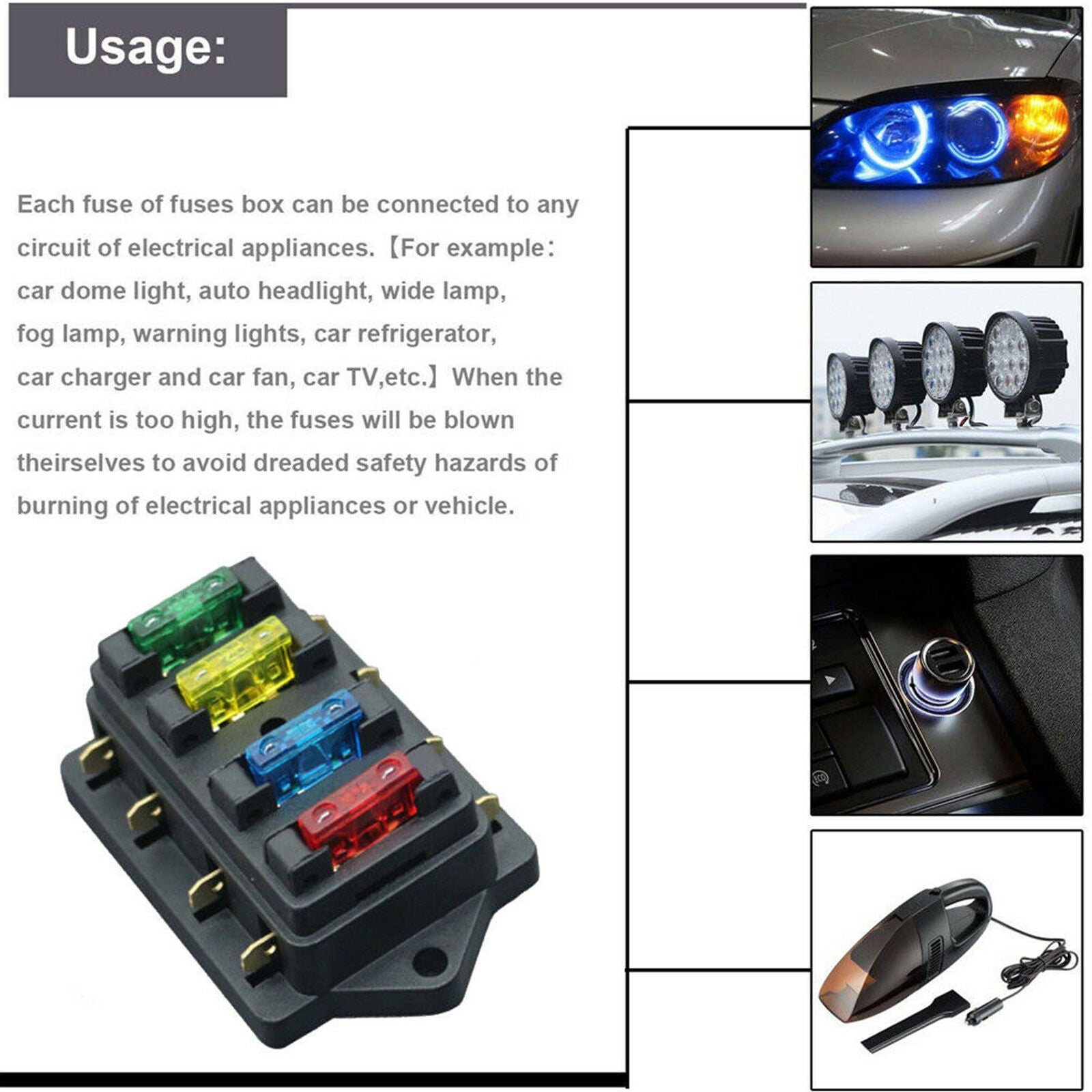 12V/24V CAR BOAT 4 WAY CIRCUIT ATO ATC STANDARD BLADE FUSE BOX HOLDER + 4X