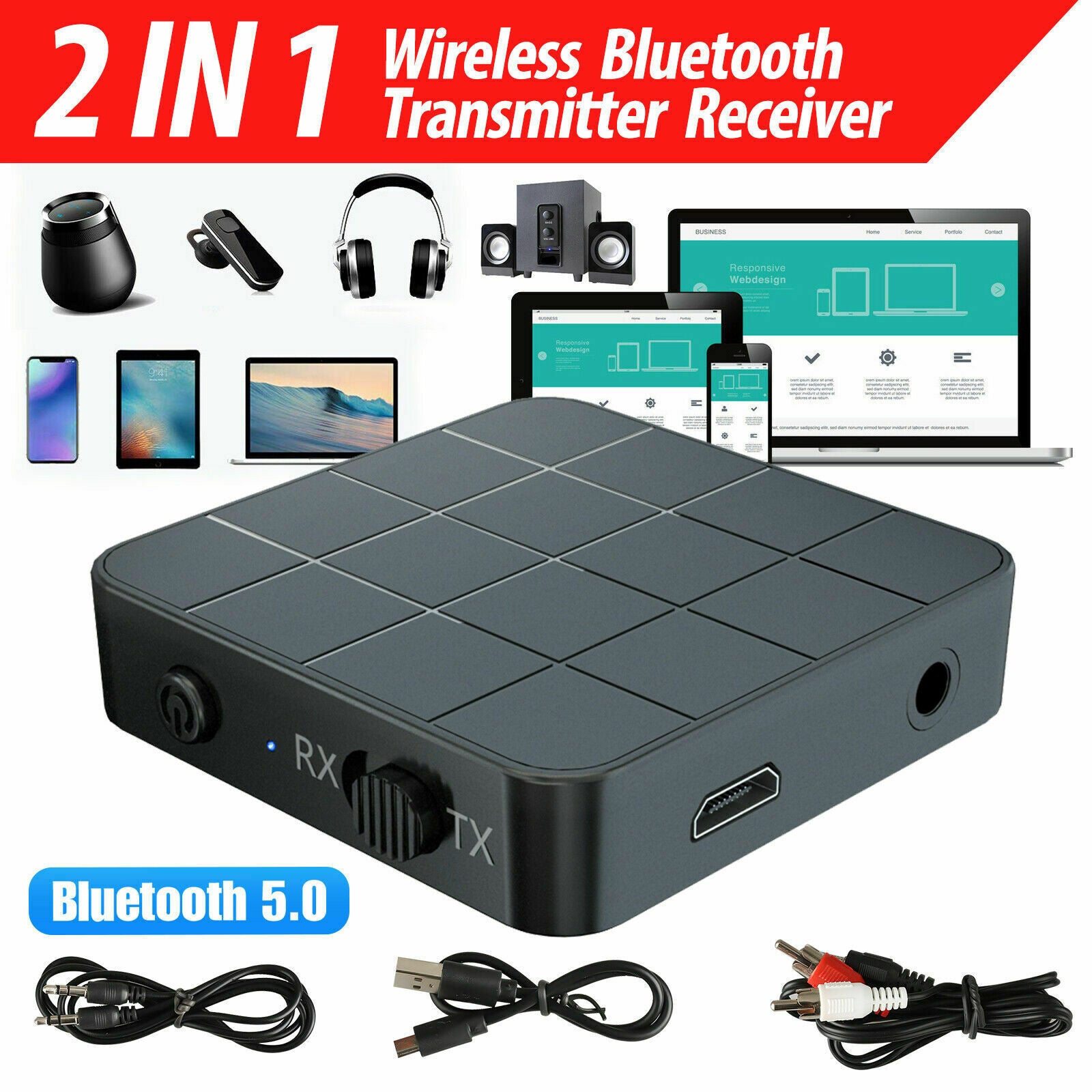 2in1Audio Transmitter Receiver Bluetooth5.0 Wireless  HIFI Music/Adapter RCA AUX
