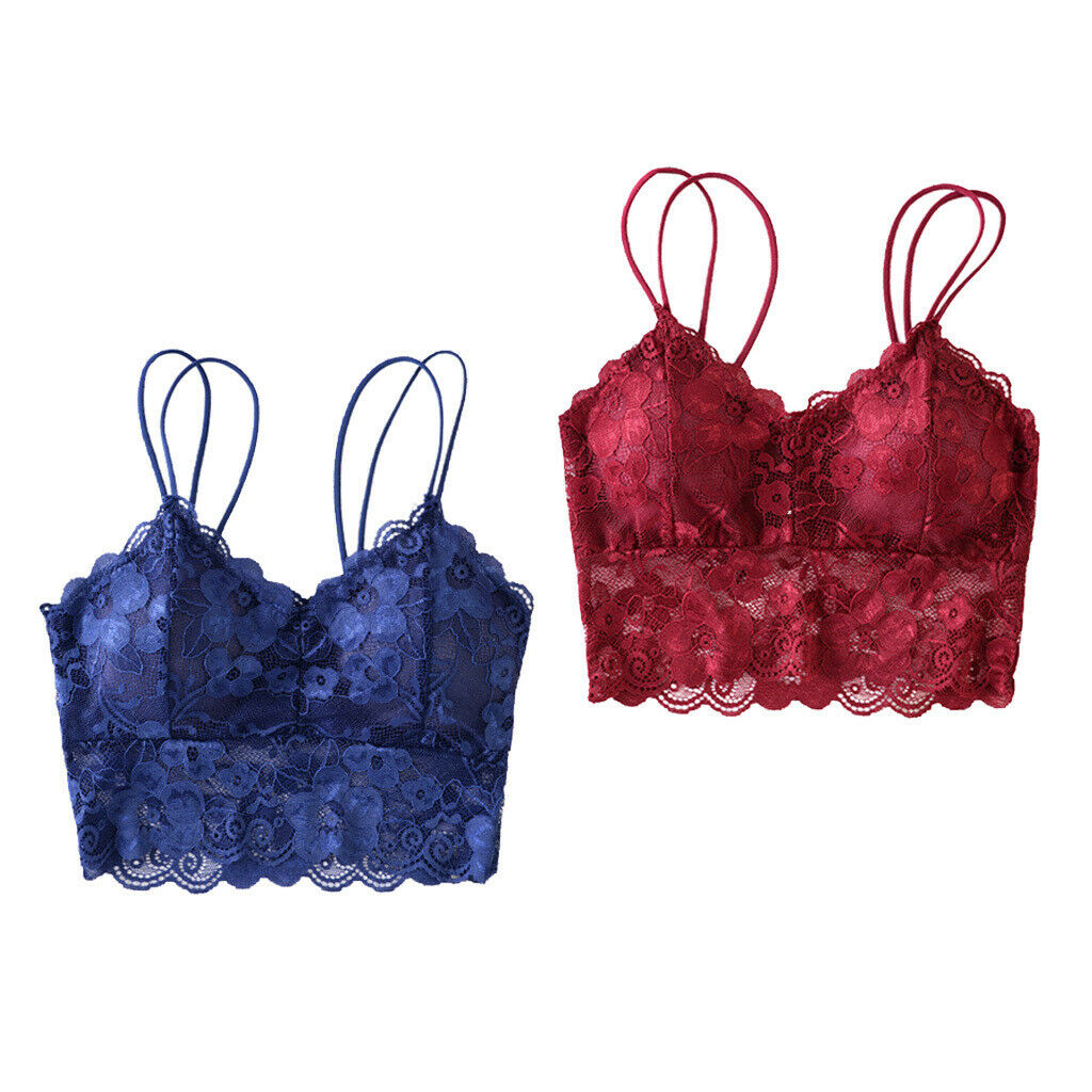 2PCS Womens Full Lace Padded Bralette Breathable Push Up Lace Bra Crop Top