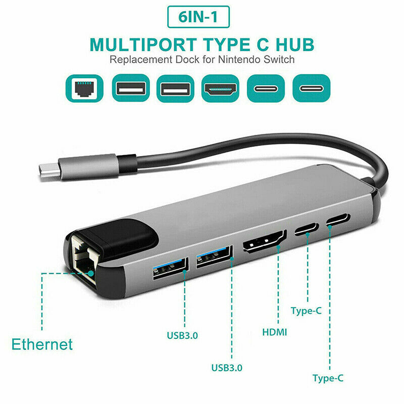 Type C Hub Adapter 6 in 1 USB C to Ethernet RJ45/ 4K HDMI/ 2 USB 3.0 Po LpC XC