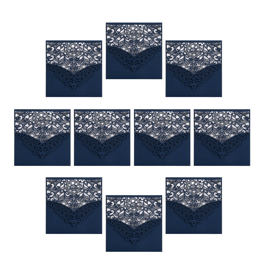 10 Sets Luxury Hollow Floral Wedding Invitation Cards with Envelope Blue