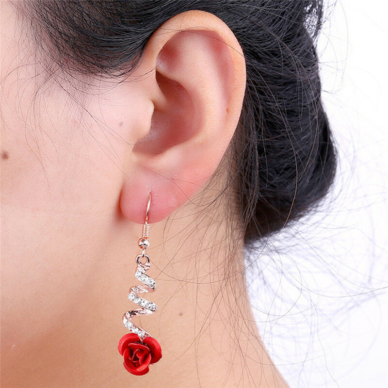 Red Rose Flower Crystal Dangle Drop Earrings Hook Party Bridal Earring Jewel Qx