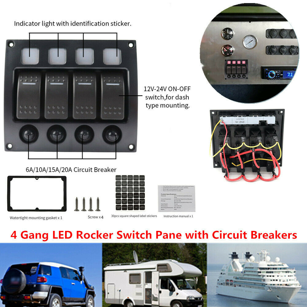 4 Gang LED Rocker Switch Panel Control w/ Circuit Breaker For RV Car Marine Boat