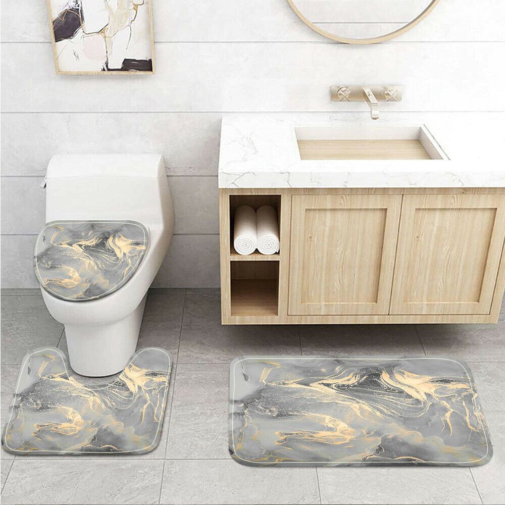 Golden Gray Marble Pattern Toilet Cover Rug Mat Contour Rug Set 3pcs