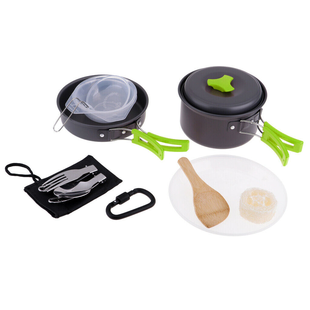 Aluminum Camping Mess Kit Cookware Cutlery Foldable Pot Pan Bowl Dish Green