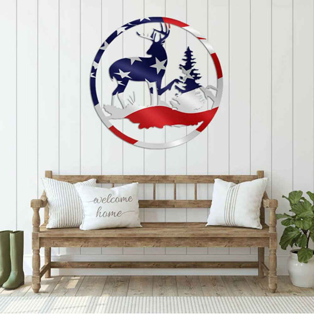 Christmas Deer Wall Hanging Metal Elk Ornament Round Indoor Art Home Xmas Decor