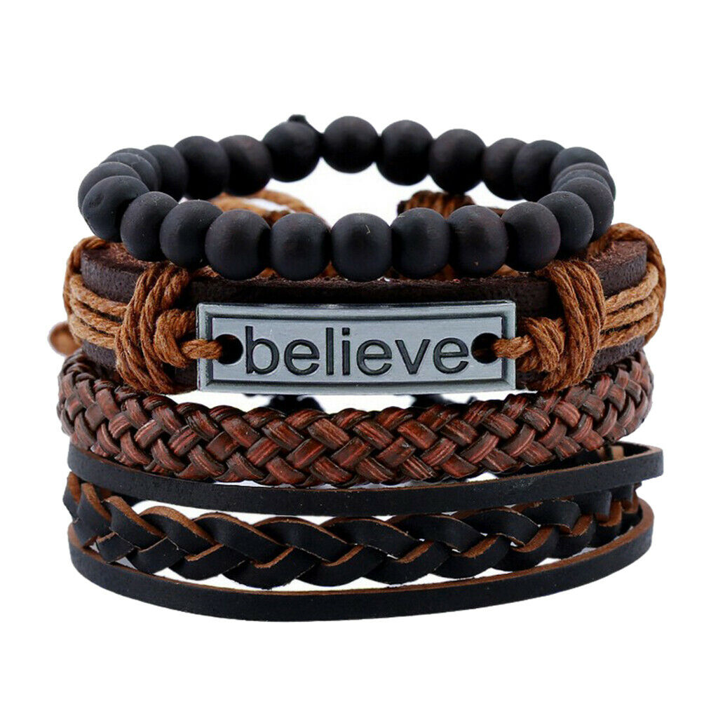 HOT 4Pcs Mens Leather Bracelet BELIEVE Carved Adjustable Multilayer Bangles