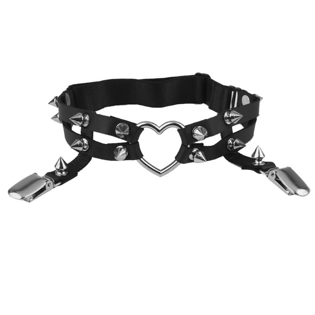 Sexy Black Heart Stud Rivet Women Leg Leather Sock Garter Suspender Belt