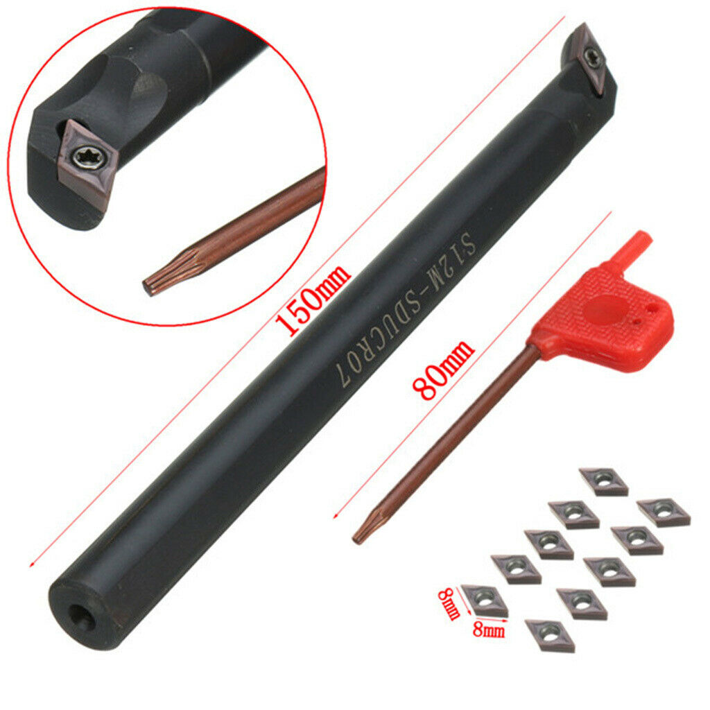 Lathe Turning Tool Boring Bar 150mm+10Pcs DCMT0702 Carbide Inserts Cutter+T8