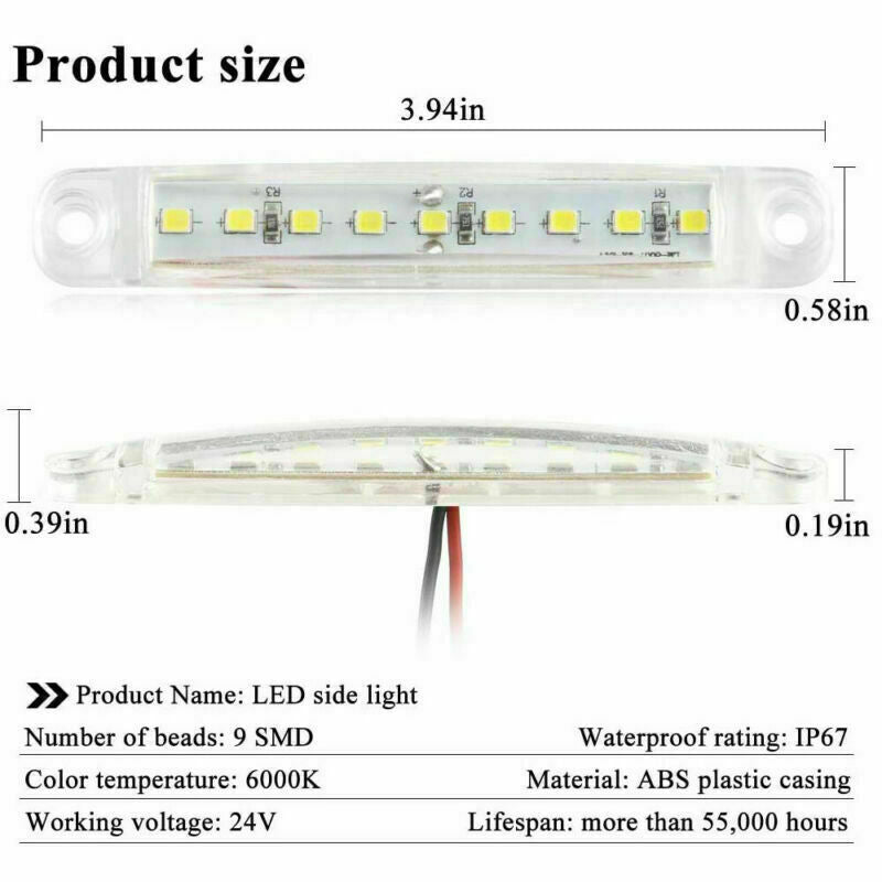 20X White 9 LED Sealed Side Marker Clearance Light Truck Trailer Lorry Bus 24V