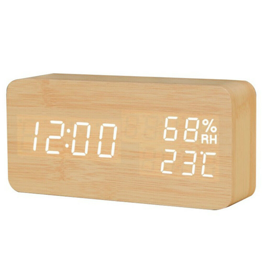 Digital Alarm Clock Wooden LED Temperature Electronic Voice Control Table Clocks