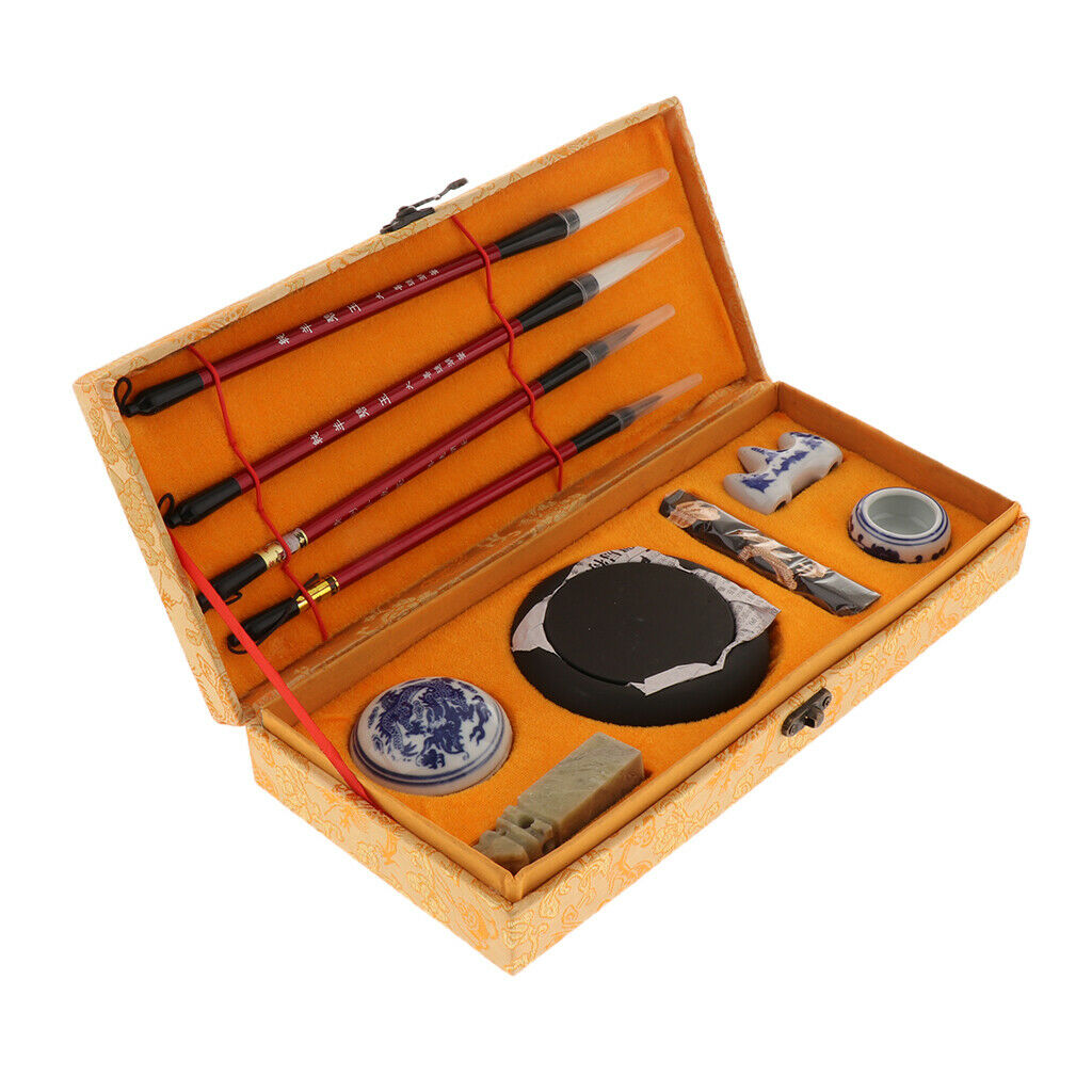 Calligraphy Writing Painting Set Chinese Brushes Ink Stick Mixing Stone Ink Pots