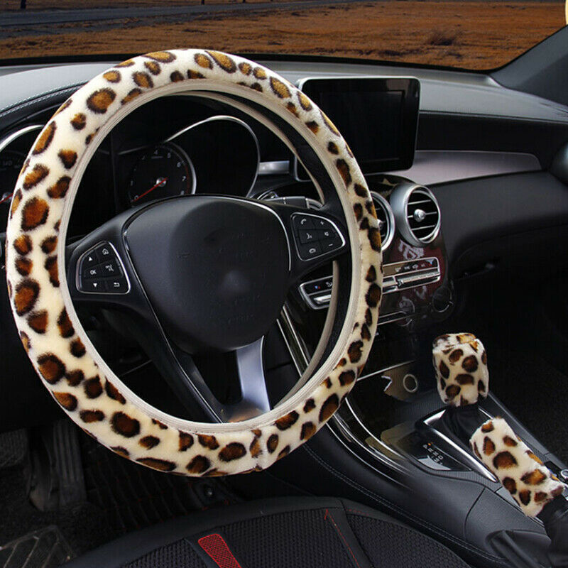 3Pcs /Set Beige Leopard Fluff Plush Steering Wheel Cover Winter Car ZTA GzF SJ