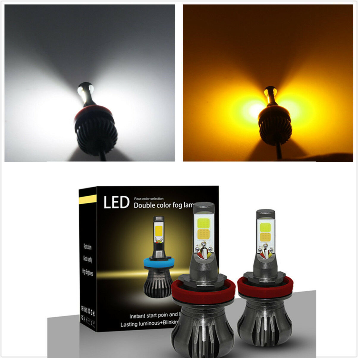 2 PC COB LED H11 H8 Bulbs White & Yellow Dual Color Fog Light Lamps Flash Strobe