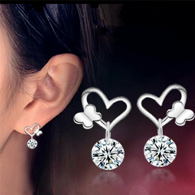 Womens Sliver Plated Crystal Zircon Fashion Jewelry Butterfly Stud Earrings MRDD