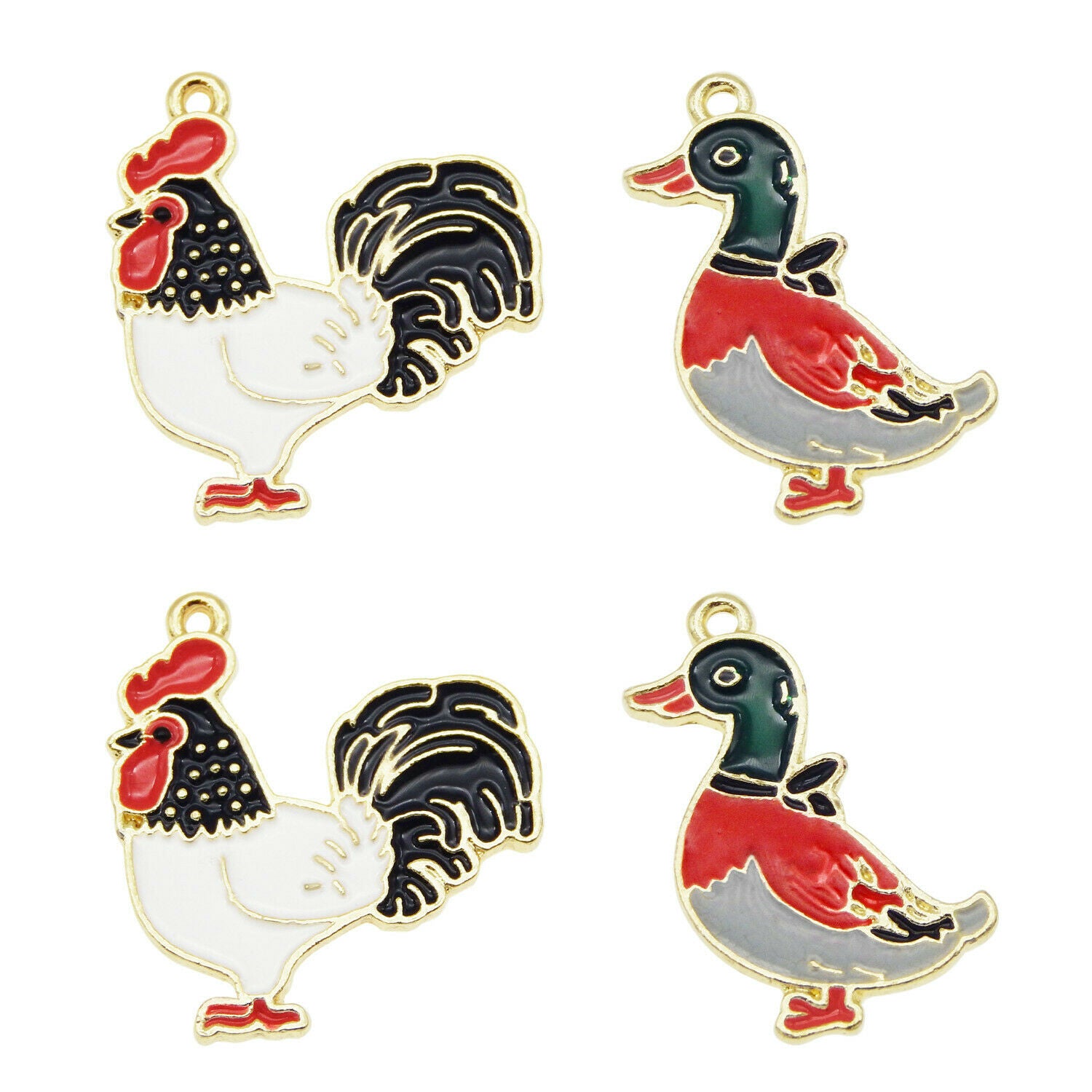 8 PCS Assorted Poultry Enamel Charm Chicken Rouster Duck Pendant Bracelet Crafts