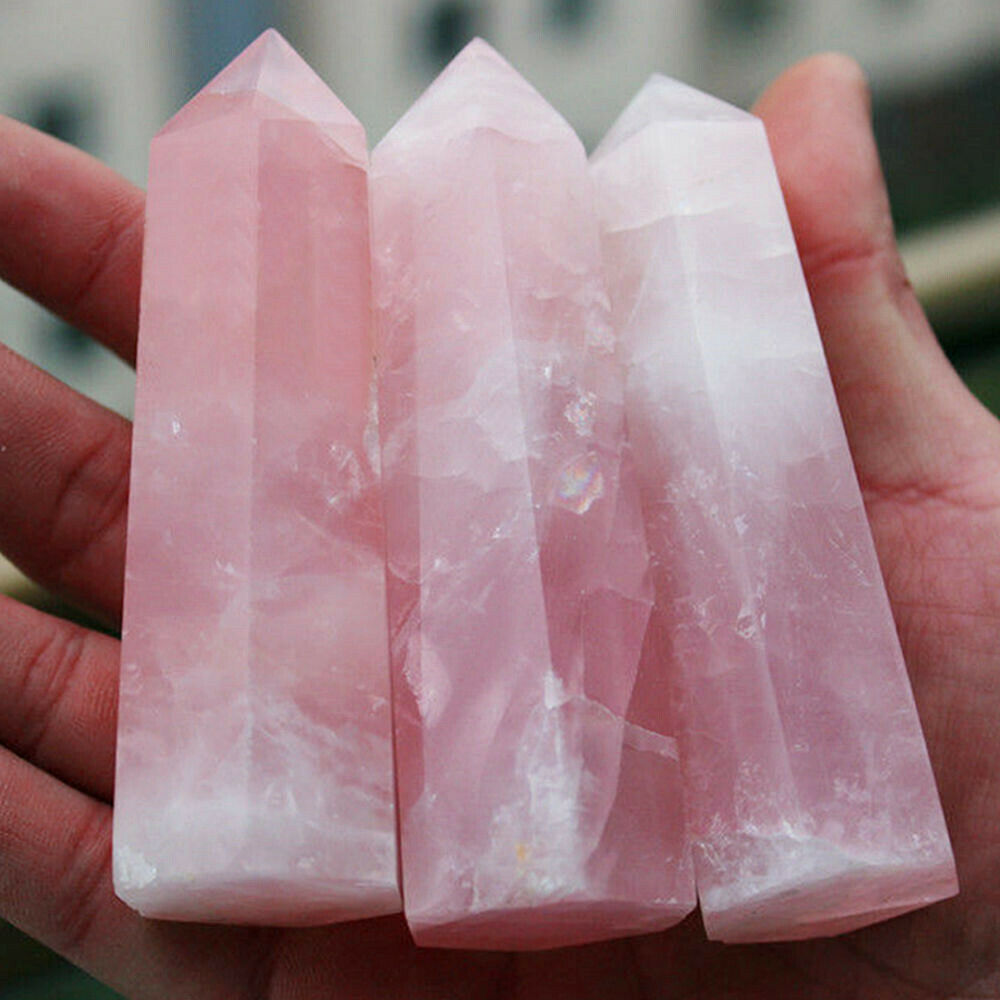 100% Natural Pink Rose Quartz Crystal Wand Point Healing Stone 50-60MM Gift US