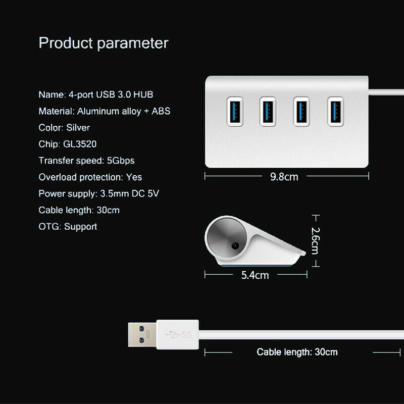 Portable USB 3.0 HUB 4 Port Aluminum 5Gbps High Speed USB 3.0 Hub USB Split DF
