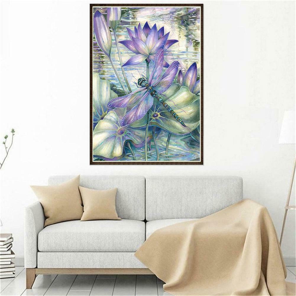 Dragonfly Lotus Flower 5D DIY Full Drill Diamond Painting Embroidery Decor @