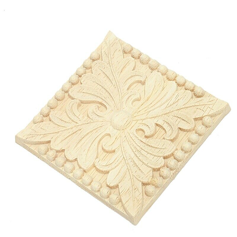 Natural Wood Appliques Square Flower Carving Decals Decorative Wooden MouldingT9
