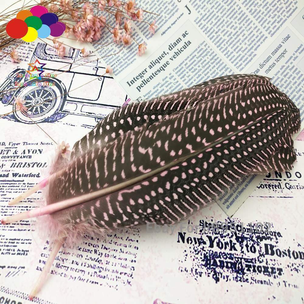 Pink Turkey 100pcs Unique Dyed Red Polka Dot Guinea Fowl Wing Quill Feathers
