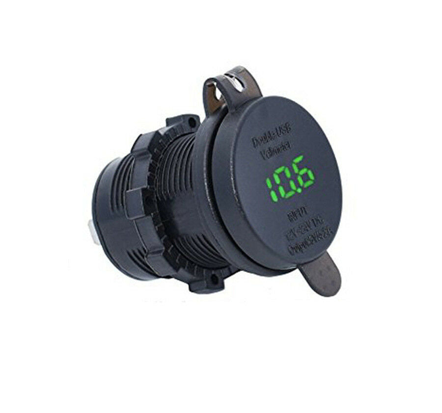 3.1A Dual USB Charger Socket Voltage Voltmeter Green Led Light For Motorcycles