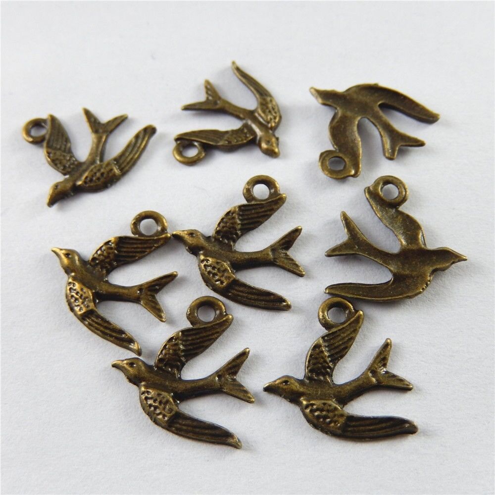 100 pcs Antiqued Alloy Cute Bird Charms Bronze Color Pendant Findings 16x14mm