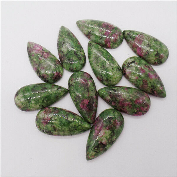 15Pcs 30x15x6mm Rose&Green Ruby in Fuchsite Teardrop Cab Cabochon HH9648