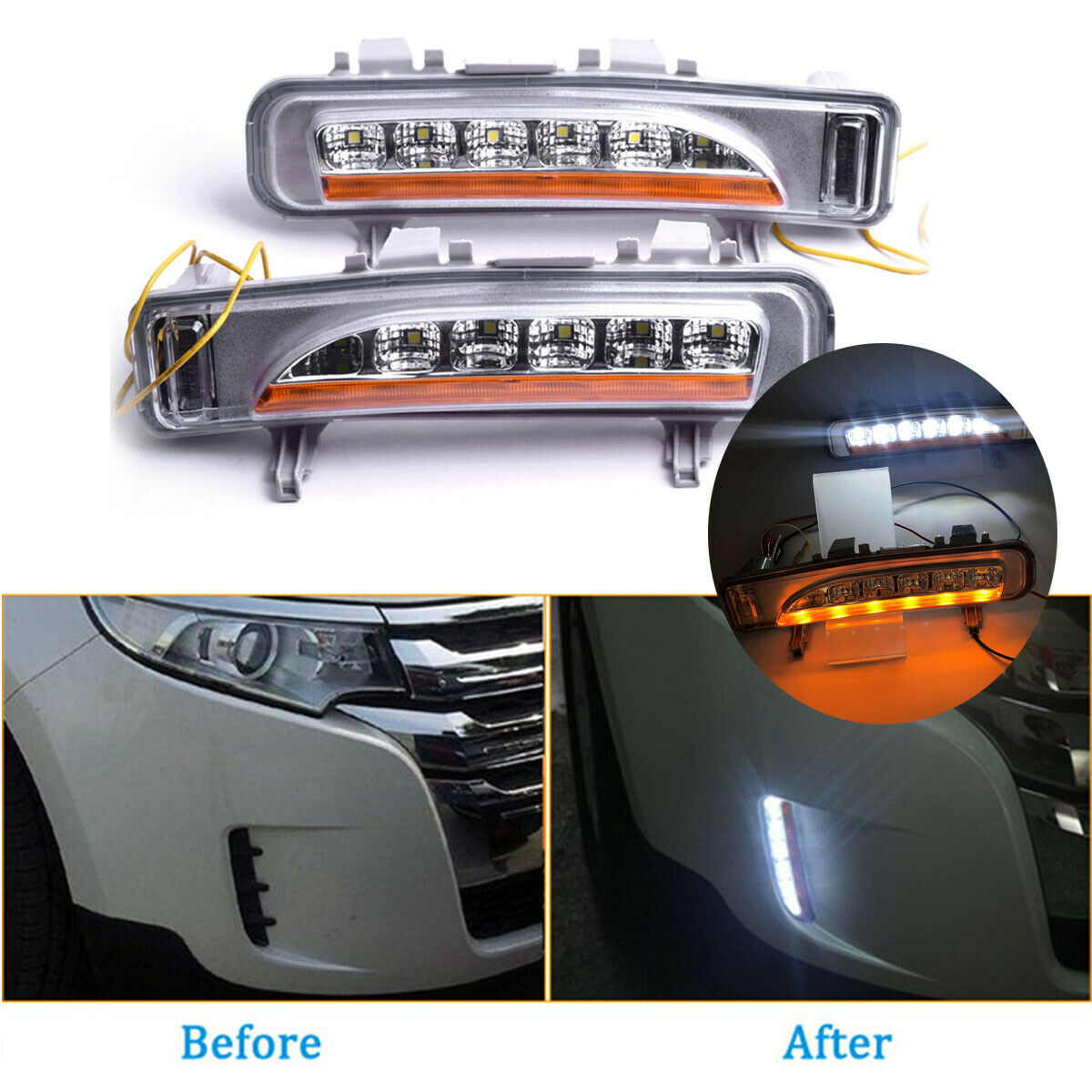 LED Daytime Running Lights For 2011-2014 Ford Edge DRL Fog Lamp Amber & White