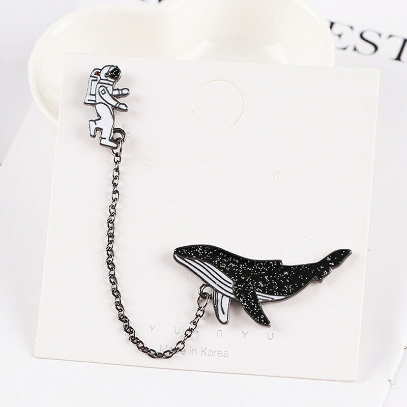 Whale Astronaut Chain Brooch Cartoon Animals Sea Fish Outer Space Lapel P.l8