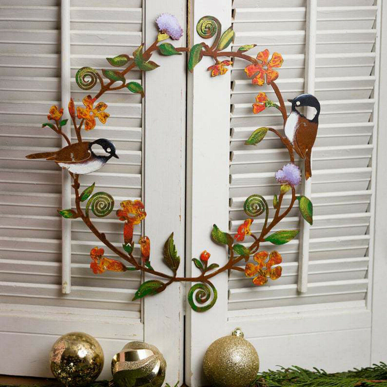 Chickadees Flowers Metal Wreath Decor for Door Wall Hanging Home Party