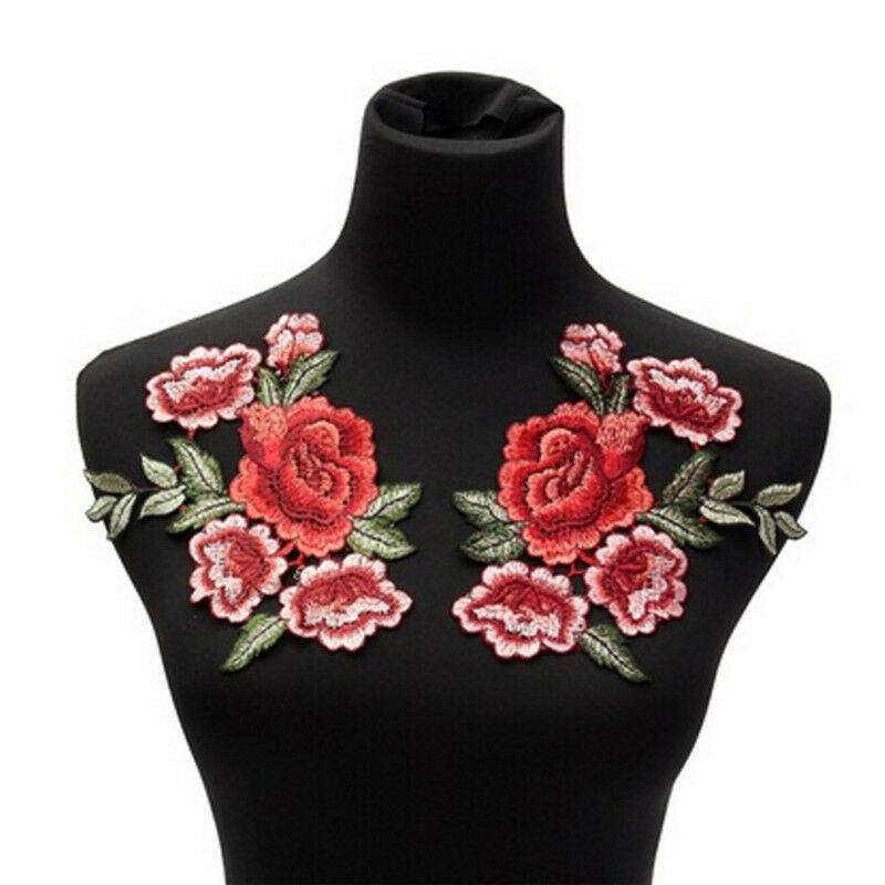 1 Pair Rose Flower Applique Embroidered Floral Collar Sew Patch Bust Dres.l8