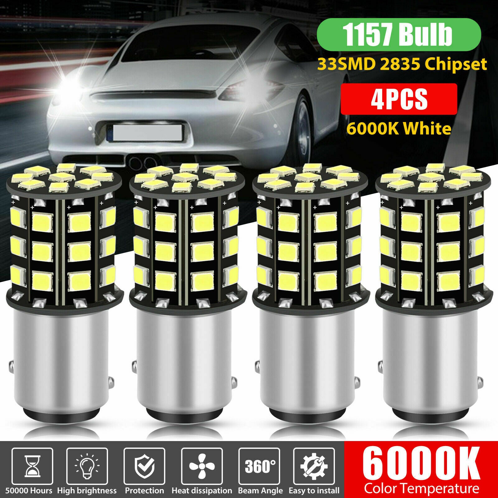 4x 1157 33-SMD White LED Tail Brake Stop Reverse Parking Turn Signal Light Bulbs