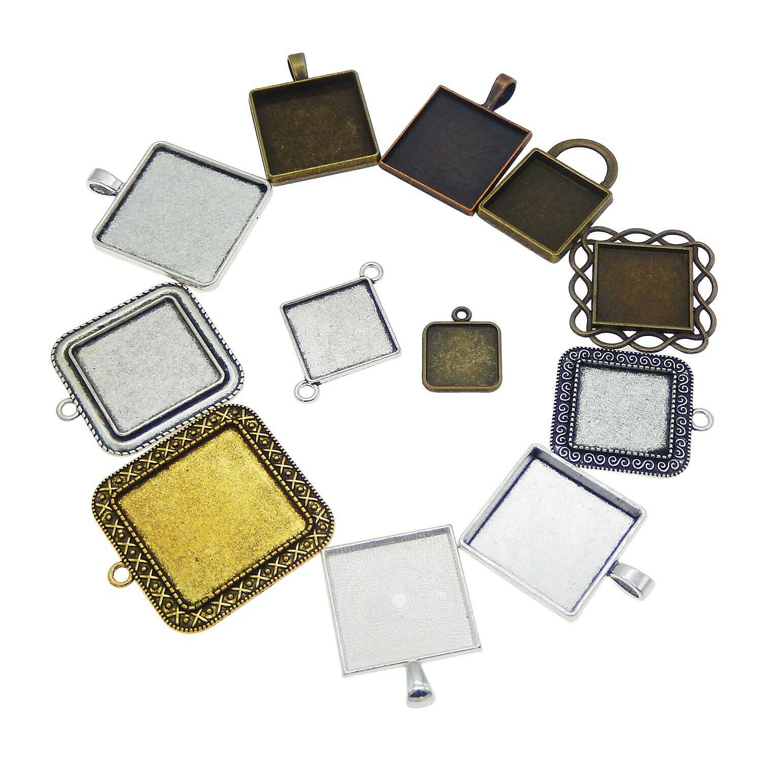 10-pack Assorted Blank Bezel Frames Square Pendant Jewelry Making Findings Alloy