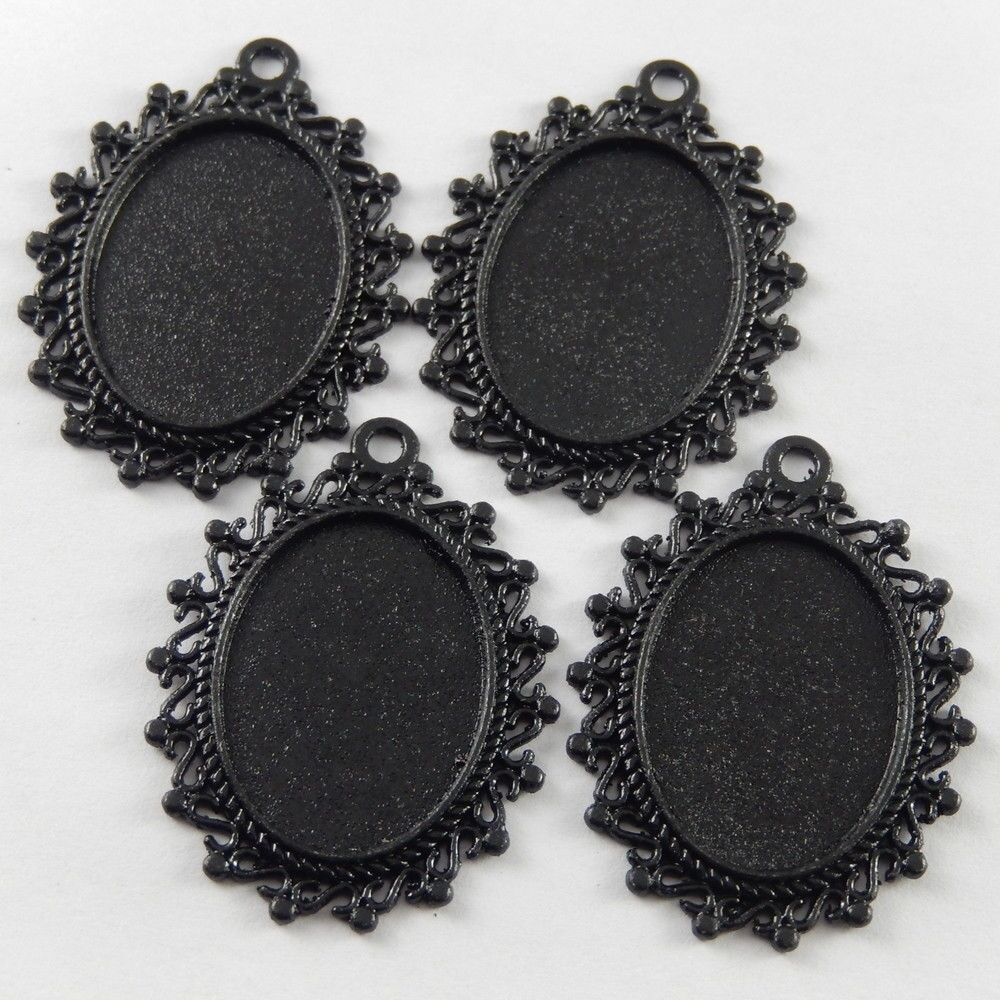 4pcs Black Alloy Oval Cabochon Setting Cameo Base Bezel Pendant Tray DIY 25x18mm